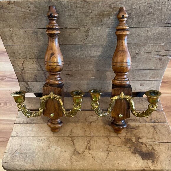Vintage Wall Wood/Metal Double Arm Leaf Scroll Scone/Candleholders - Picture 3 of 12